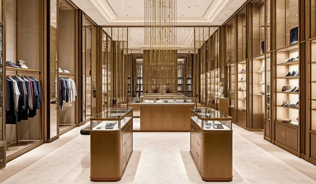 Shopfitting design for luxury retail. Modern store interior with high-end fixtures, lighting, and materials.