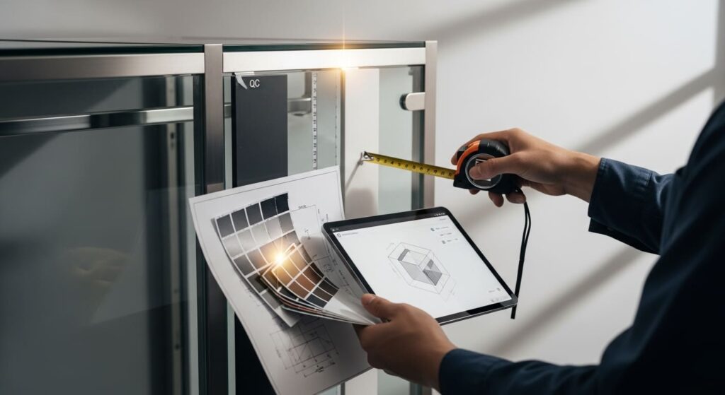 A QC inspector carefully examining a product with a ruler, material samples, and technical drawings.