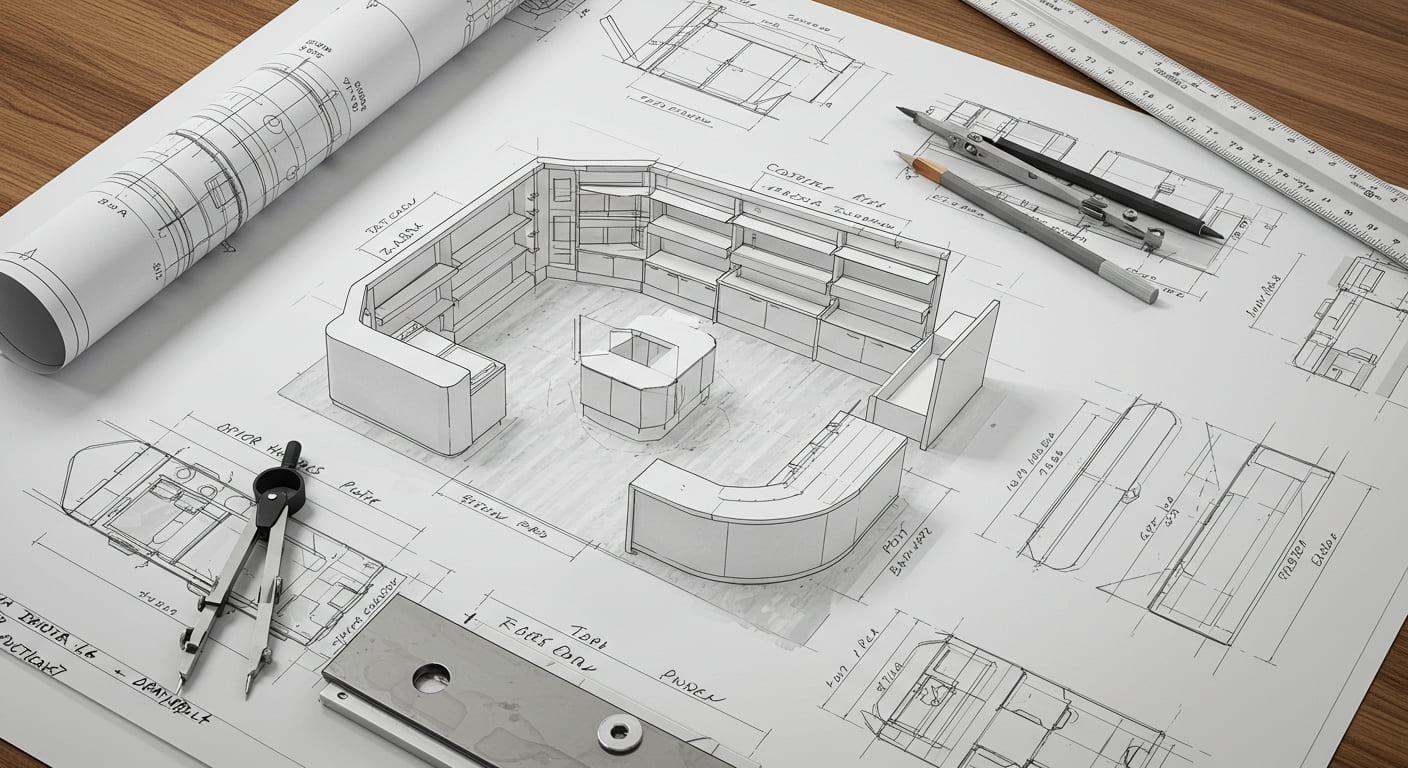"A detailed blueprint spread across a table, featuring intricate design elements and sketches of custom retail fittings. Tools like rulers and compasses lie nearby, illustrating the challenge of complex, bespoke designs that extend production timelines."