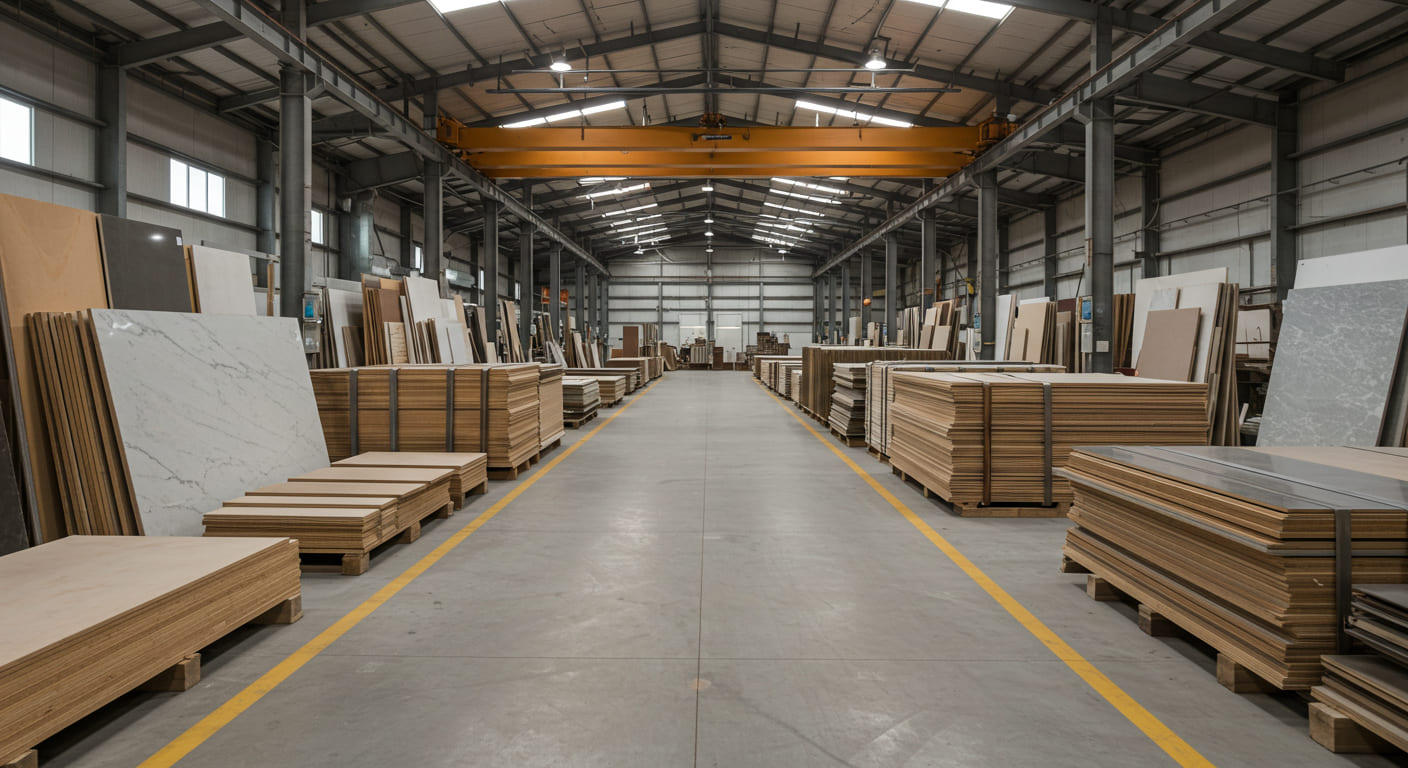 A display of various raw materials (such as wood panels, metal sheets, and glass) with supply chain symbols. An image of a shipment container or warehouse in the background highlights issues like scarcity and import delays affecting lead times."