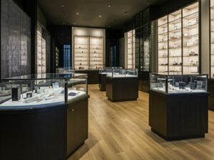 retail space with glass showcases, glass cabinet and glass shelves