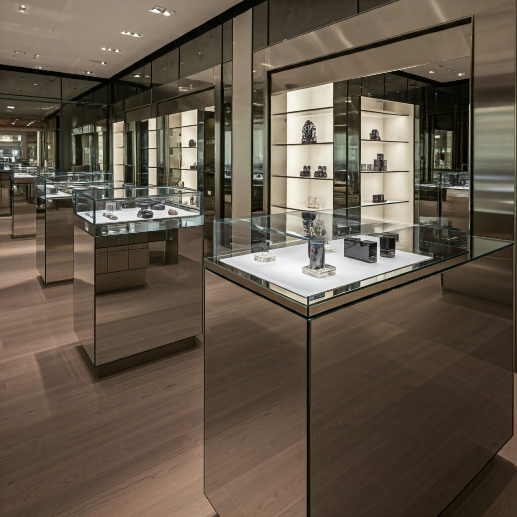 a retail display featuring mirror-polished fixtures