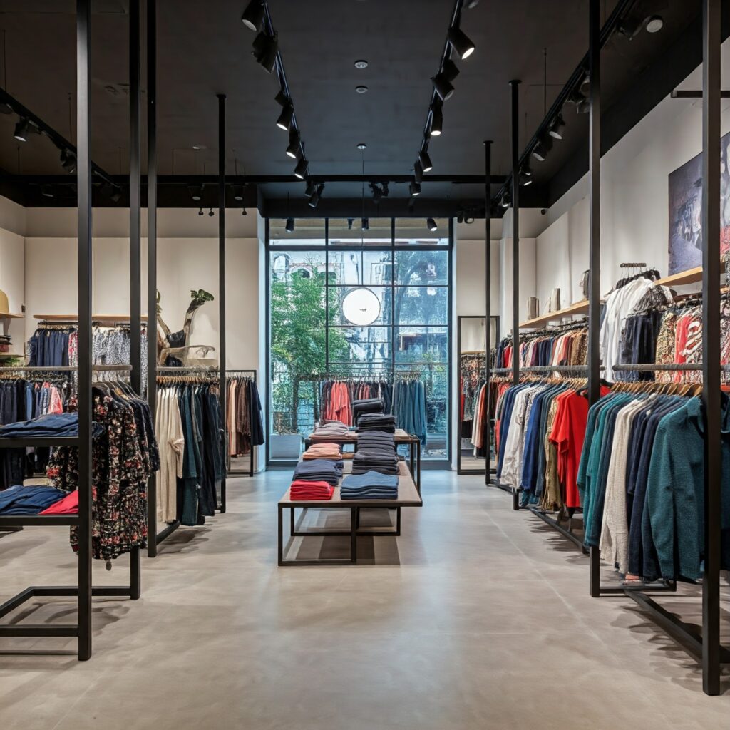 a clothing store with display shelves and fixtures