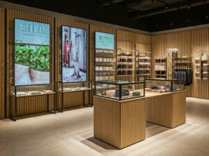 modern retail store with eco-friendly materials and digital signage
