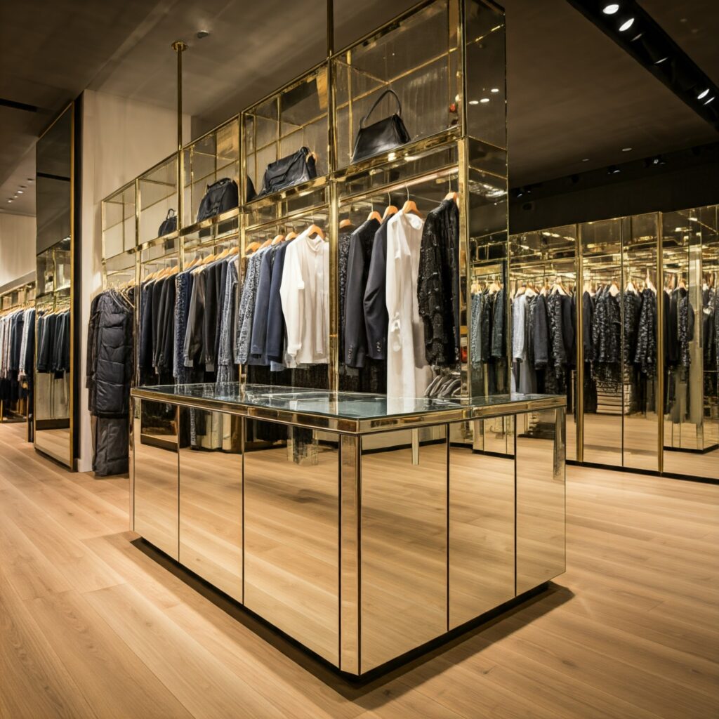 mirror-polished display shelves and cabinets in a clothing store