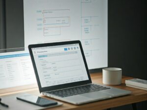 A clean, modern workspace focused on communication in a custom retail display project. The desk features an open laptop displaying project emails, a notepad with detailed notes, and a smartphone with messaging apps visible. Nearby, a whiteboard or digital screen showcases project timelines, tasks, and key communication points between the client and supplier. Shelves in the background are neatly stocked with materials like wood, glass, and metal, emphasizing organization. The setting reflects an environment where clear communication and efficient workflows are central to successful project execution.