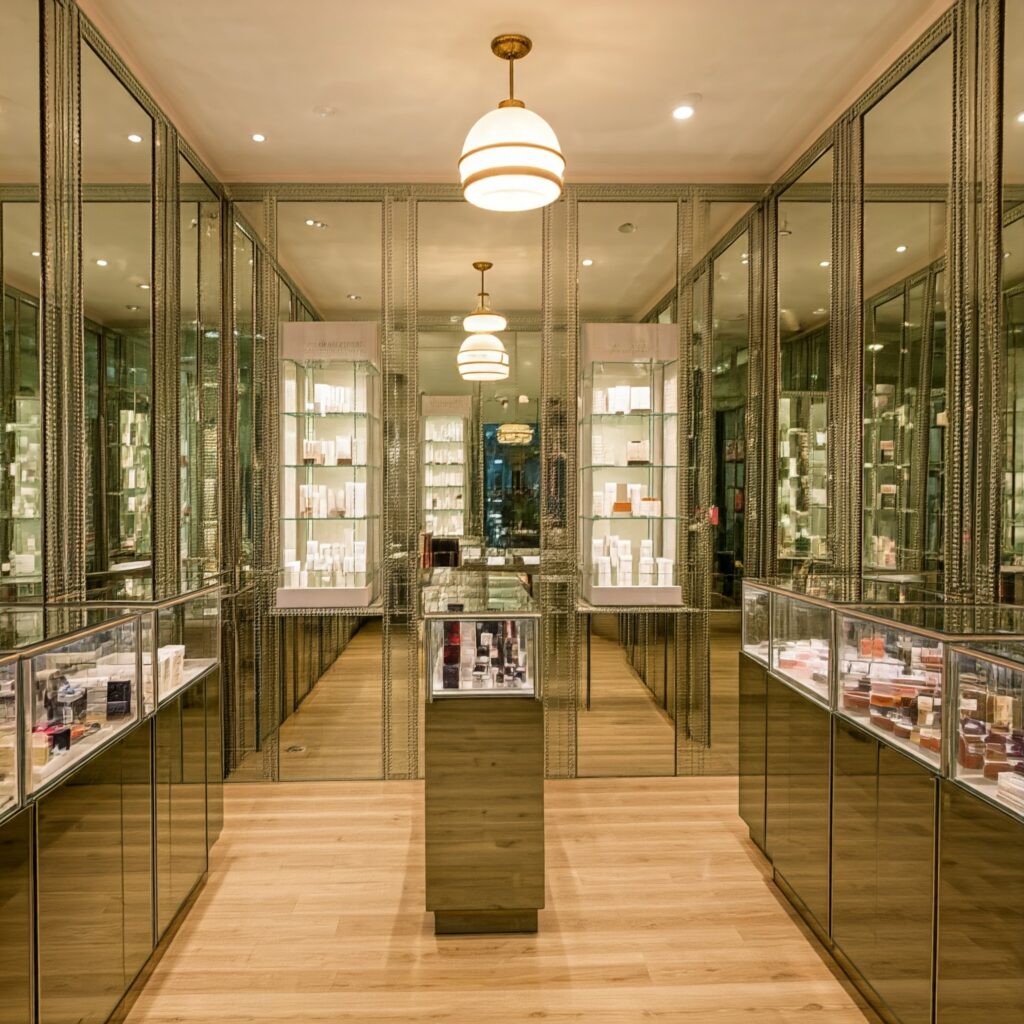A small retail space that appears larger due to the use of mirrors and strategic lighting.