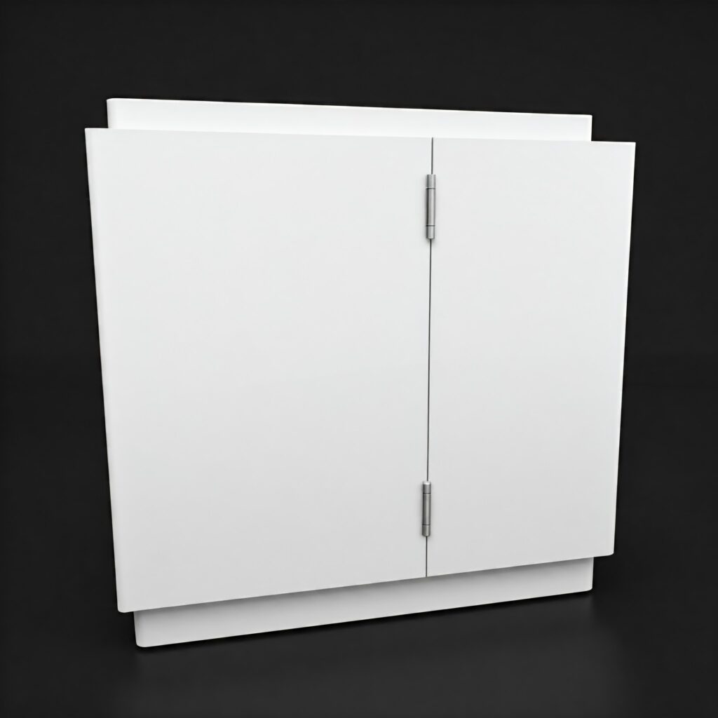a retail display with hidden or concealed hinges, creating a sleek and modern look