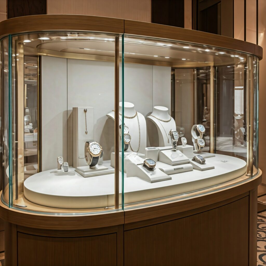 A modern display case with curved glass panels showcases a collection of fine jewelry, demonstrating the aesthetic advantages of curved glass.