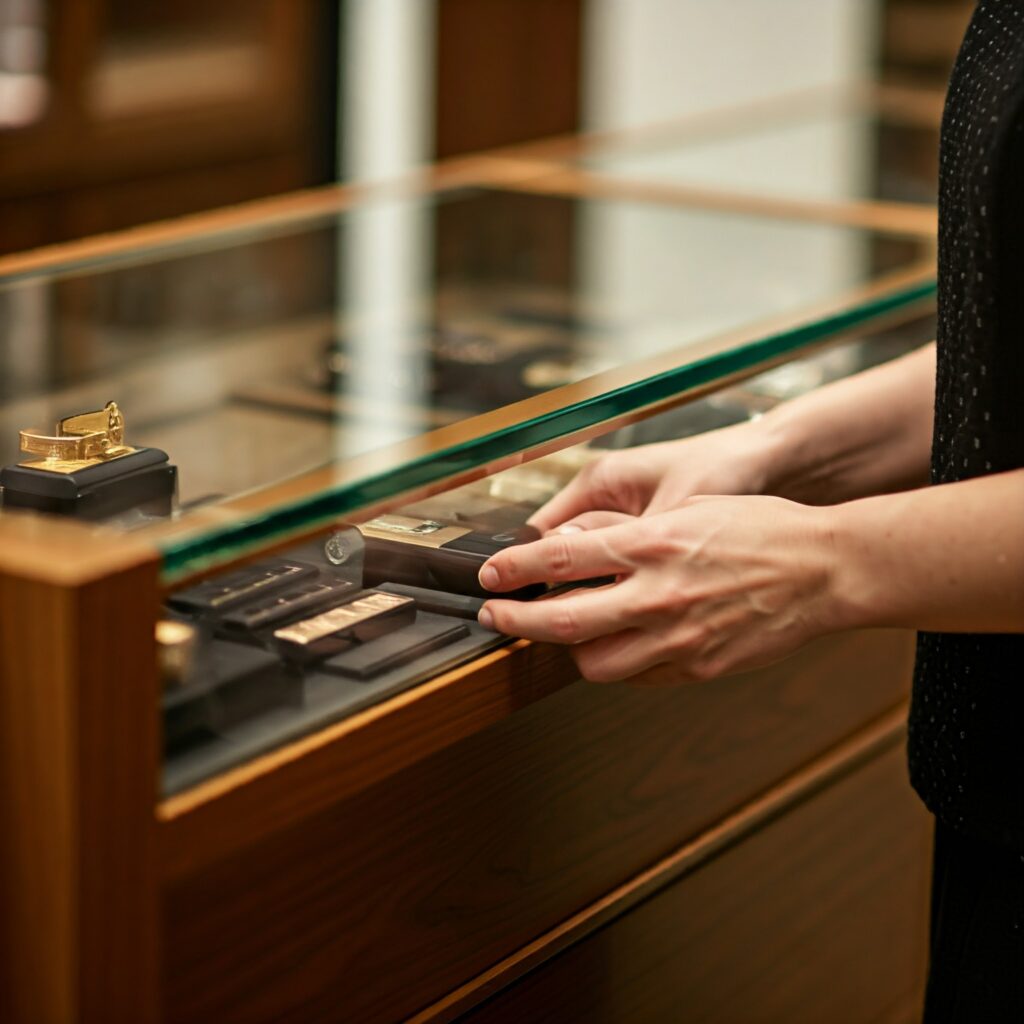 a well-organized retail space with a store employee easily accessing a display case using a central control magnetic lock system