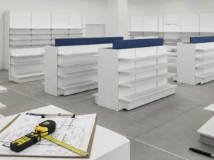 a well-organized retail space with clean, modern shelving units, product displays, and clear aisle markings. It includes measuring tools.