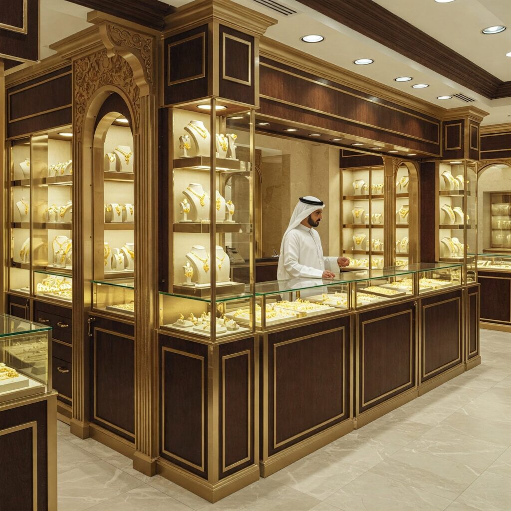 An image showing custom-designed display units in a typical gold souk shop, featuring modular shelving and counters crafted from polished metal, wood and tempered glass. The units are measured to fit the compact and uniquely shaped space of the local market, combining functionality with traditional aesthetics