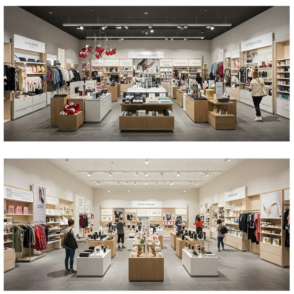 A side-by-side comparison of two retail environments: one cluttered with excessive decorations and product displays, and the other embodying a minimalist aesthetic with open space, strategic product placement, and soft lighting. The minimalist store appears more inviting, with customers engaging comfortably with the products.