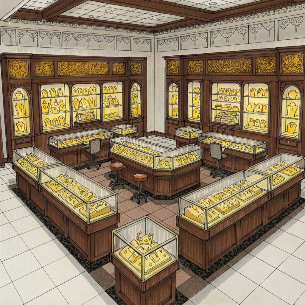 A detailed layout of a typical Middle Eastern gold souk shop with distinct zones: a central high-value display area, secure glass cases with discreet locking systems, and clear, wide pathways that accommodate the compact yet efficient design of the traditional market space