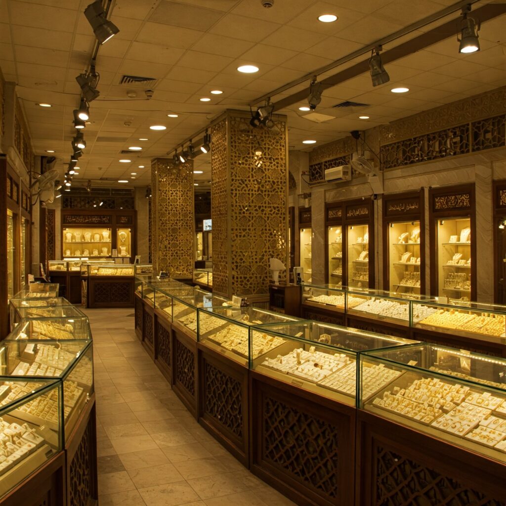 An immersive interior view of a traditional Middle Eastern gold souk at dusk, showcasing a sophisticated lighting design. The scene features a blend of warm ambient LED lights that bathe the entire space in a soft, inviting glow, alongside focused accent spotlights that illuminate key gold jewelry displays. This dynamic setup highlights the natural sparkle of each piece while creating delicate shadows and reflections on traditional Arabic patterns and ornate display fixtures. The adjustable lighting system, capable of adapting to different times of day or special occasions, enhances the cozy, luxurious atmosphere of the compact market space, emphasizing both functional clarity and artistic elegance.