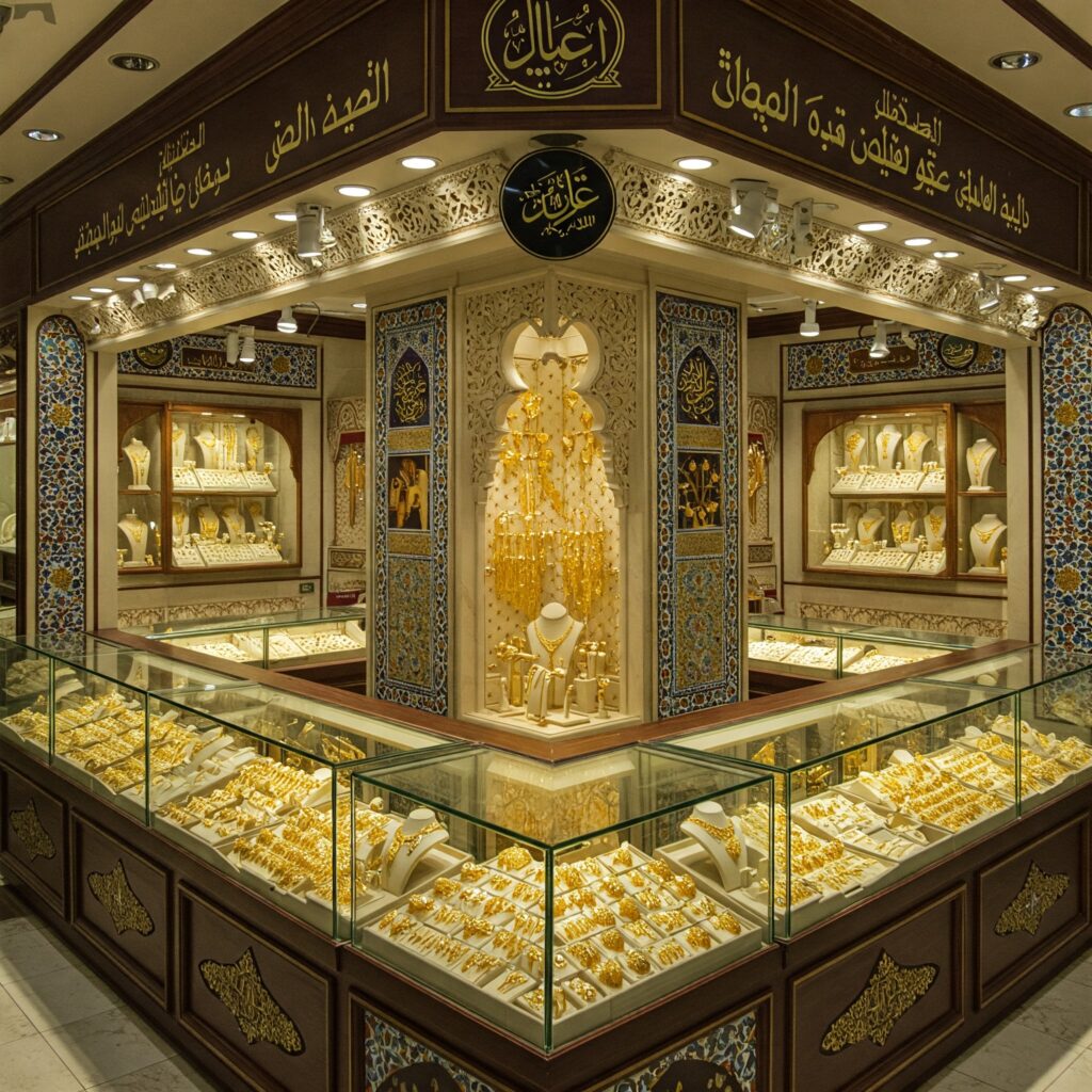An intricate interior shot of a typical Middle Eastern gold souk stall showcasing a comprehensive visual merchandising setup. The scene features multiple small, thematic displays where clusters of gold jewelry are illuminated by precise spotlights, highlighting intricate details. Traditional decorative elements such as Arabic geometric patterns, mosaic tiles, and elegant signage are seamlessly integrated, while reflective surfaces enhance the natural sparkle of the gold. The overall image conveys a rich blend of cultural heritage and modern design, with segmented displays that create both visual interest and a storytelling ambiance