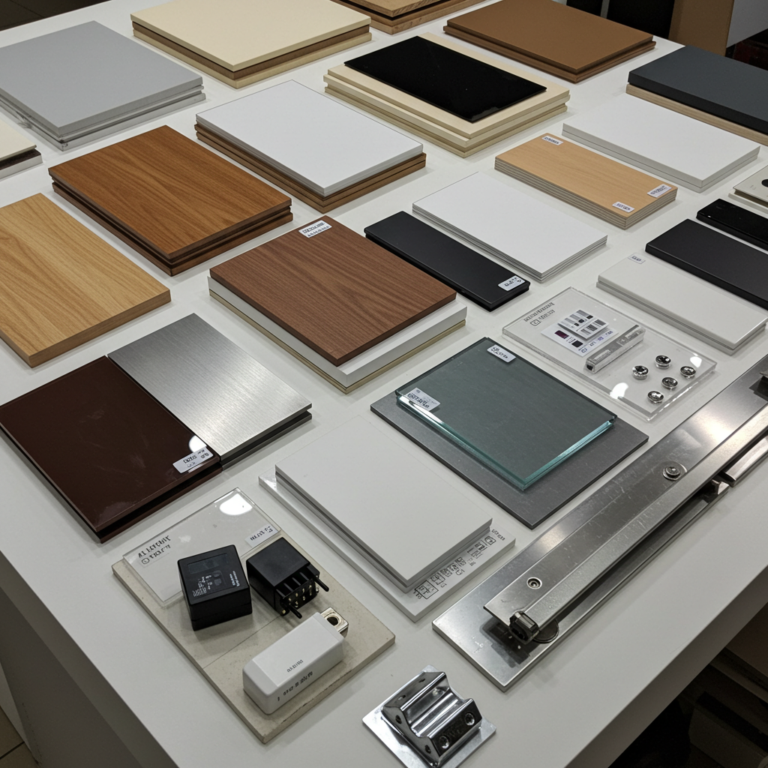 wood panels, metal sheets, glass, acrylic, LED lighting components, power supplies, and hardware accessories（hinge, drawer slide）