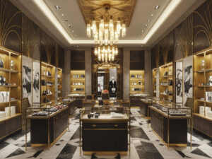 A luxurious Art Deco retail store interior with bold geometric patterns, rich brass and marble finishes, and warm ambient lighting. The space features symmetrical display shelves showcasing high-end products, while a grand chandelier hangs from the ceiling, casting a soft golden glow. The floor has intricate black-and-white tiling, leading customers deeper into the elegant shopping environment. The overall atmosphere is sophisticated, blending classic Art Deco aesthetics with a modern retail experience.