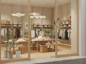 A Scandinavian-style retail store with a warm and inviting atmosphere. The storefront features large glass windows framed by light wood, allowing natural light to illuminate the interior. Inside, wooden shelves and minimalist display tables showcase neatly arranged products, emphasizing order and simplicity. The color palette consists of soft whites, warm beiges, and muted grays, complemented by touches of greenery from small potted plants. Pendant lights with organic shapes hang from the ceiling, casting a gentle, ambient glow that enhances the store’s serene and welcoming aesthetic.
