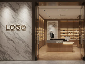 A high-end retail store interior, viewed from the entrance, showcasing seamlessly integrated branding elements. The store’s logo is elegantly embedded into the façade in brushed metal lettering. Inside, a backlit logo panel is incorporated into the reception desk, while engraved branding appears on wooden display shelves. The materials vary, including glass, metal, and wood, each reflecting a refined approach to logo integration. Warm, ambient lighting enhances the luxurious and cohesive atmosphere, emphasizing how branding becomes part of the overall store design rather than a separate element.