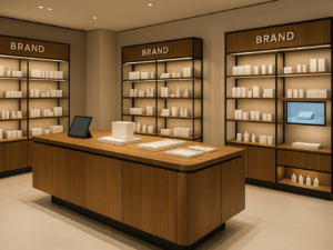 A modern retail store interior showcasing a custom-made central display island with premium wood and metal finishes, surrounded by branded shelving, integrated LED lighting, and smart display units. The store atmosphere is bright, elegant, and clearly distinct from generic retail environments, emphasizing personalization, quality, and brand identity.