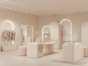 A stylish, minimal retail interior designed for a contemporary fashion brand. The space features custom display fixtures with soft matte acrylic, satin glass, and seamless stone-texture finishes in a muted color palette—light beige, ivory, soft gray, and pastel brand accents. The fixtures are sculptural yet functional, with flowing curves or clean linear compositions. Integrated lighting is hidden, creating gentle halos that enhance product visibility. Subtle graphic elements like elegant typography, abstract icons, or symbolic shapes are embedded into the fixture surfaces, conveying the brand’s story without distraction. Digital elements are minimal but refined—like a thin LED strip or small screen playing a muted campaign loop. The overall look is sophisticated, airy, and emotionally resonant—perfectly matching a high-end fashion label’s storytelling approach.