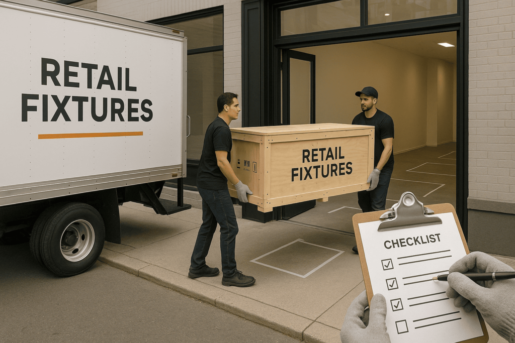 Retail fixtures being carefully unloaded from a branded delivery truck outside a storefront. Workers wearing gloves are carrying labeled plywood crate into the space. Inside, the store is clean and ready, with floor markings showing where fixtures will go. A checklist on a clipboard is being ticked off as each item arrives. Emphasis on smooth logistics.