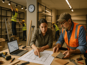 A dynamic scene inside a partially completed retail store under time pressure — the space has display fixtures being assembled, packaging on the floor, and construction tools scattered. In the foreground, a retail owner and a shopfitting supplier are reviewing a detailed floor plan and material samples on a table, with a laptop open showing a project timeline. A wall clock shows time ticking. Workers in the background are installing shelves and lighting. The atmosphere is urgent but organized, with a clear sense of collaboration and professional execution within a tight timeline.