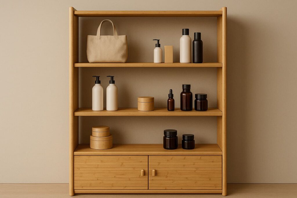 A sleek and minimalist retail shelving unit or display wall made from bamboo, set against a neutral background, with product displays on it—highlighting the texture and structure of bamboo material.