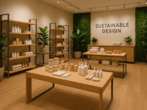 A modern, well-lit retail store interior that visually highlights sustainability—featuring FSC-certified wood flooring, bamboo shelving, and metal fixtures made from recycled steel. Large display tables showcase eco-friendly products, while greenery like potted plants and a living wall add a natural touch. Soft, warm lighting emphasizes the textures of the materials. In the background, minimalist signage reads “Sustainable Design” in clean, modern typography. The overall aesthetic is sleek, calm, and environmentally conscious, combining nature with modern retail design.
