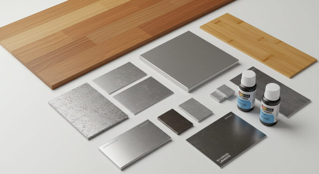 A flat lay of various sustainable materials used in retail design—FSC-certified wood samples, bamboo panels, recycled metal pieces, eco-laminates, and low-VOC finish bottles—arranged neatly on a white workspace.