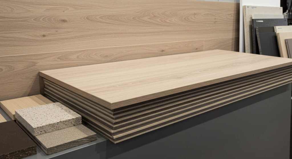 A modern shop fitting panel made from eco-friendly composite or recycled laminate materials—like a display backdrop or tabletop—showing layered textures and natural tones, with samples of raw material nearby.