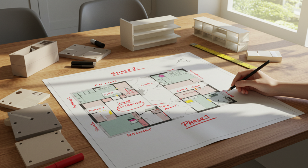 A simple floor plan layout being marked with highlighters on a table, surrounded by basic retail display items like shelving and counters. Hands pointing at essentials.
