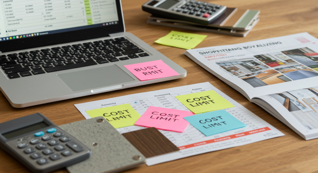 A workspace scene showing a laptop with a budget spreadsheet open, next to a calculator, price list, and material swatches (laminate, powder-coated metal, wood veneer). A cup of coffee, sticky notes labeled "Cost Limit" and "Quote Approved", and a partially opened catalog from a shopfitting supplier. The focus is on smart financial planning.