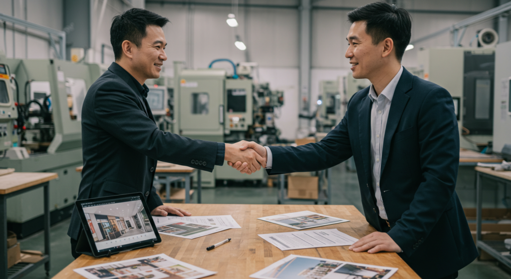 Two professionals shaking hands in a workshop or office, with production in the background. Focus on trust and cooperation.