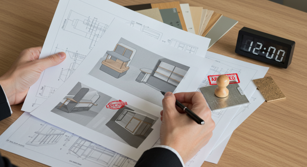 A close-up of hands holding technical shopfitting drawings and wood/metal samples, with “Approved” stamped on paper. Modern workspace.