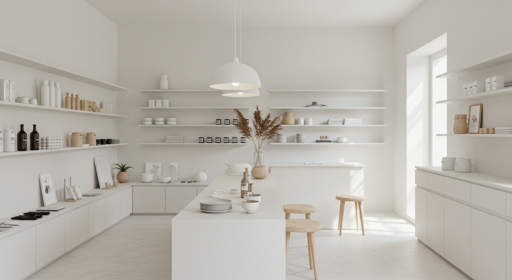 A minimalistic and clean retail display setup in a small shop. White walls, open shelving, and basic but stylish furniture. Less is more vibe.