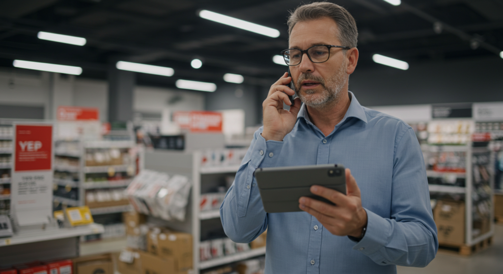 A project manager video calling a supplier using a tablet inside a nearly finished retail store. On the screen: the supplier showing live progress of production. Around the person: open laptop with Gantt chart, notes with key delivery dates, and a printed list of pending items. Strong focus on real-time updates and collaboration.