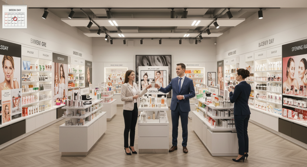 A fully fitted modern retail store, lights on, products displayed neatly, clean floors, and open doors ready for customers. In the foreground, a relieved store owner and project manager clink coffee cups in a quiet celebration. A large calendar on the wall shows “Opening Day” circled. The scene conveys calm success and readiness after a rush.