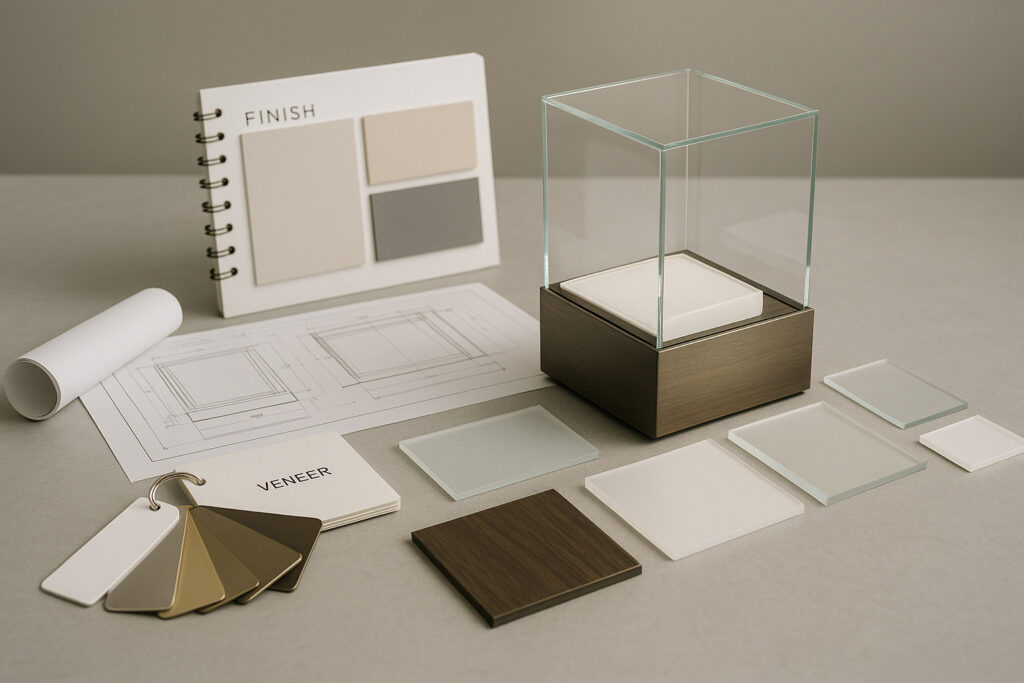 A clean studio table with a jewelry showcase material sample: metal finish chips, lacquered wood swatch, frosted and clear glass test pieces, and a small prototype of a joint corner structure, all laid out next to a rolled technical drawing set, neutral background, no people.
