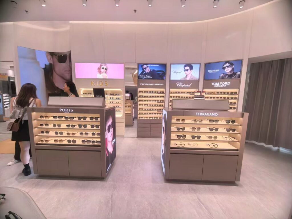 luxury brand eyewear display showcases in store