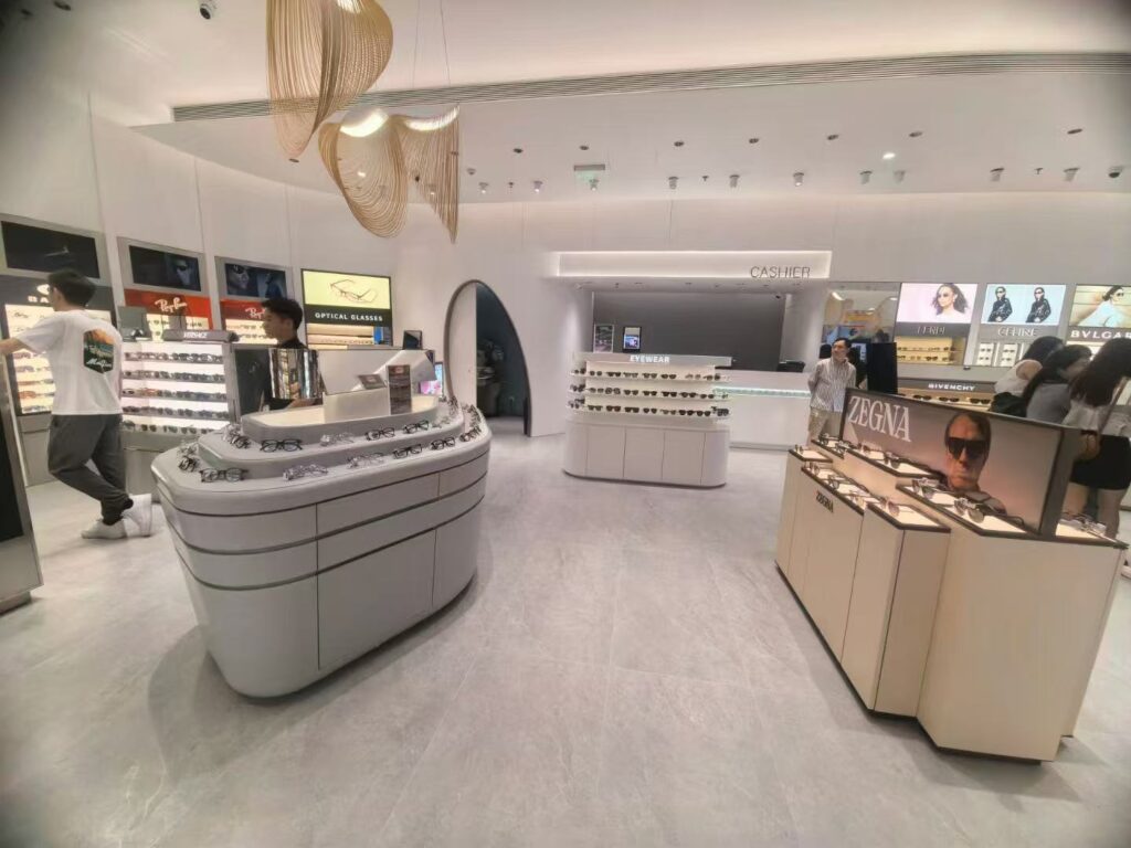 luxury brand eyewear display showcases in store