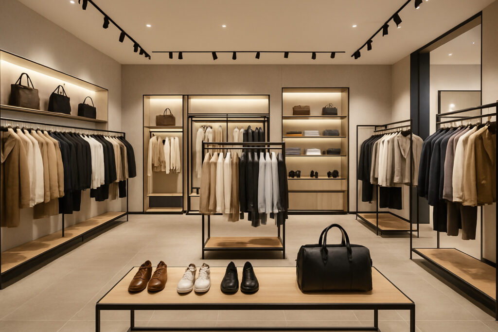A wide shot of an impeccably designed and maintained retail store interior, featuring stylish, modern display fixtures that perfectly complement the merchandise, conveying an overall sense of professionalism and brand excellence.