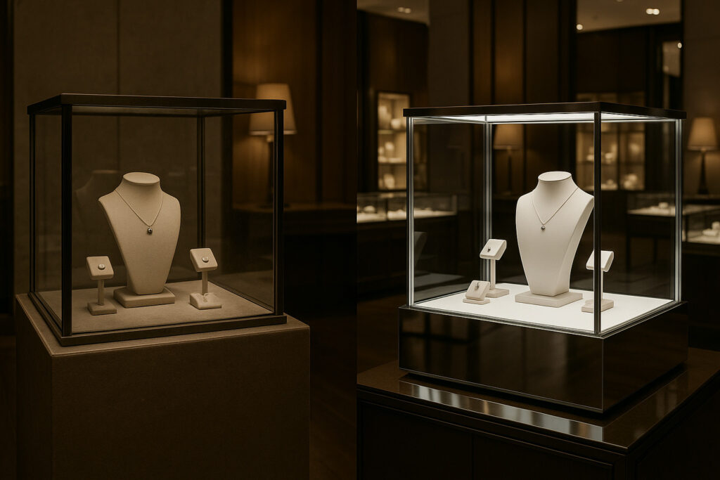 A side-by-side visual comparison in a boutique: One jewelry display counter with dim, uneven lighting and faded surface finish, making the product inside look dull. Next to it, a clean, backlit counter with mirrored base and clear glass, where identical items look premium. Luxurious showroom atmosphere, no people.