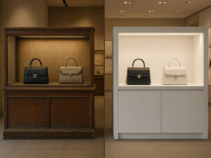 A high-end retail environment showing a contrast between two adjacent display fixtures: one old and worn with visible scratches, dull surfaces, chipped wood edges, and outdated design; the other new and sleek, with clean lines, matte white lacquer, and integrated LED lighting. Products like luxury handbags or jewelry are placed identically on both, highlighting the difference in presentation quality. Ambient lighting with showroom atmosphere. No people, photorealistic detail.