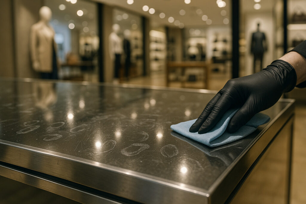 A close-up of a luxury retail store counter with polished metal and glass surfaces covered in visible fingerprints and smudges, bright spotlights highlighting the greasy marks, a gloved hand about to clean the surface, modern store background with mannequins and shelves blurred in the back — high-resolution, realistic lighting