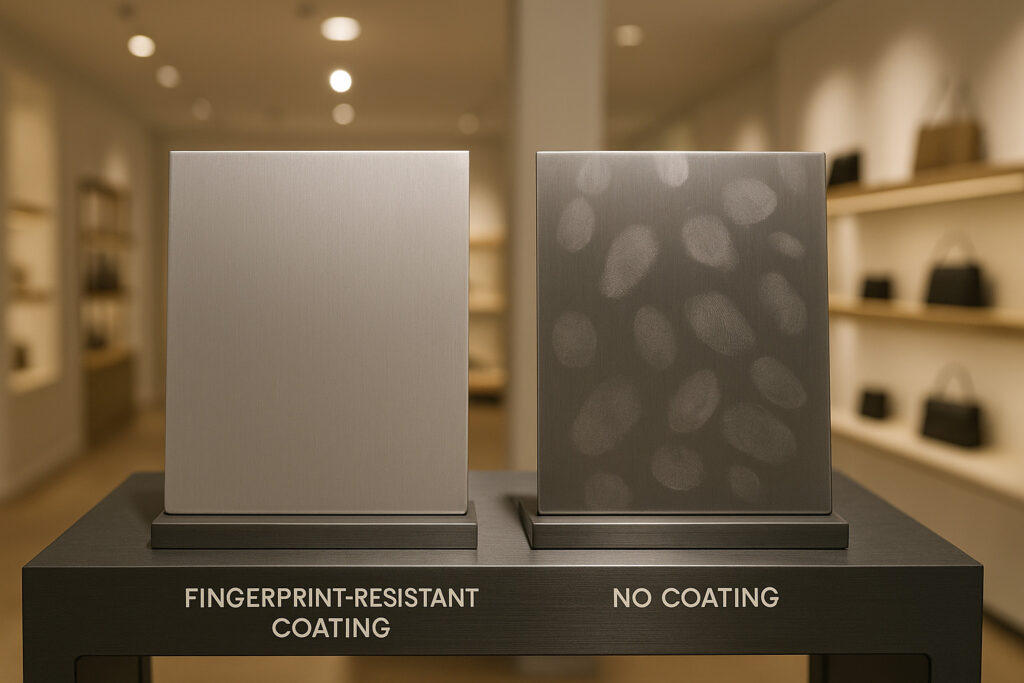Side-by-side comparison of two identical stainless steel panels—one with fingerprint-resistant coating (clean and matte) and one without (visible fingerprints and smudges), placed on a modern display fixture in a boutique store, soft spotlight above, clean ambient background with store shelves