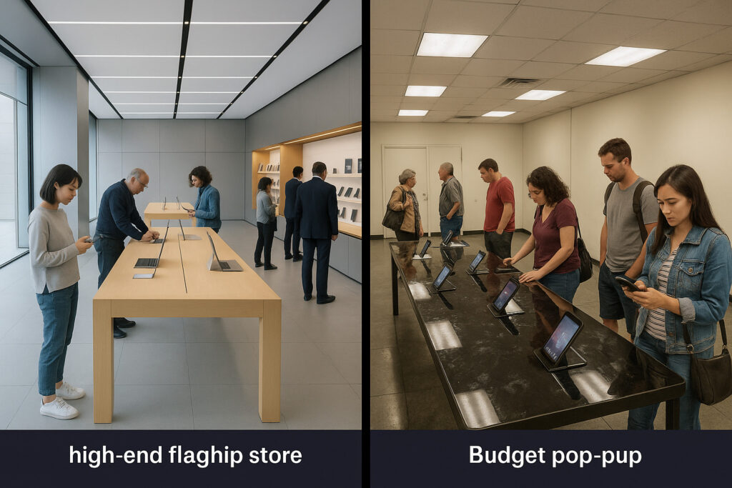 Visual split: left side shows a high-end flagship store with sleek, clean fingerprint-resistant surfaces, the right side shows a budget pop-up with visible smudges on shiny surfaces; both environments are populated with customers; lighting and layout clearly differentiate premium vs economy