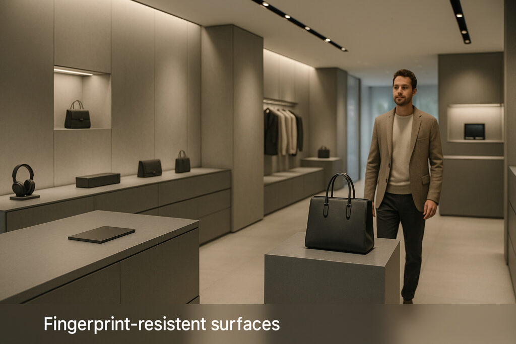 Wide shot of a stylish retail space (like a luxury fashion or electronics store) with sleek, fingerprint-resistant surfaces throughout—counters, fixtures, wall panels—appearing clean and refined, with subtle lighting, soft focus on the background and a calm, welcoming customer walking in