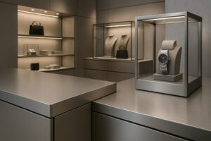 A modern retail store interior showcasing sleek, fingerprint-resistant surfaces—matte stainless steel, brushed metal, and anti-glare glass—used in display fixtures, countertops, and shelving. The environment is well-lit with soft ambient lighting, highlighting the clean, smudge-free surfaces. Include subtle reflections, premium product displays (such as luxury jewelry, handbags, or watches), and a close-up focus on the texture of the materials. The overall atmosphere should convey sophistication, cleanliness, and innovation in commercial retail design.
